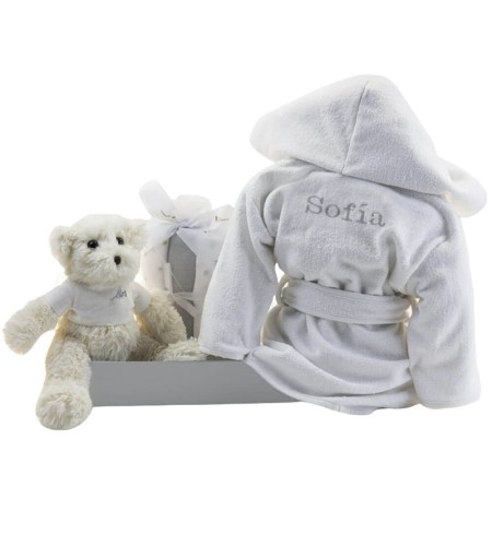 Embroidered Bathrobe, Muslin & Teddy Bear Set | Personalized Newborn Gift
