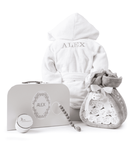 Diaper Cake with Baby Bathrobe, Keepsake Suitcase & Pacifier Clip | Newborn Gift Set
