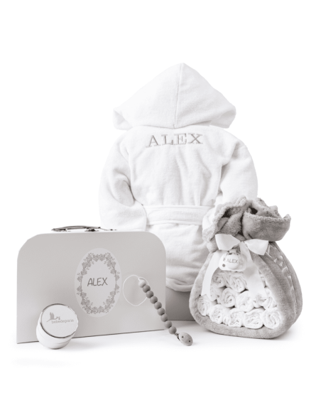 Diaper Cake with Baby Bathrobe, Keepsake Suitcase & Pacifier Clip | Newborn Gift Set