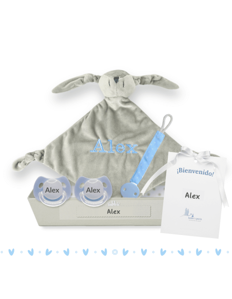 Doudou and 2 Personalized Pacifiers with Baby’s Name | Includes Pacifier Clip