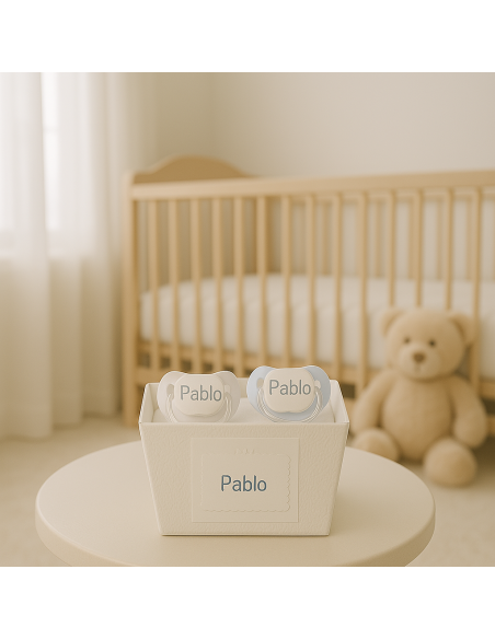 Two personalised dummies with baby’s name