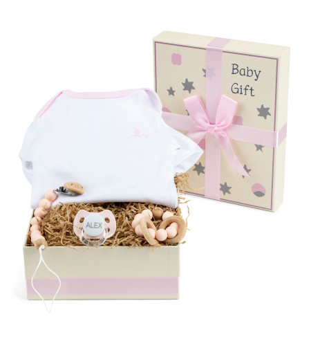 Gift Box with Bodysuit, Pacifier, Teether and Clip – Stylish Baby Gift Set