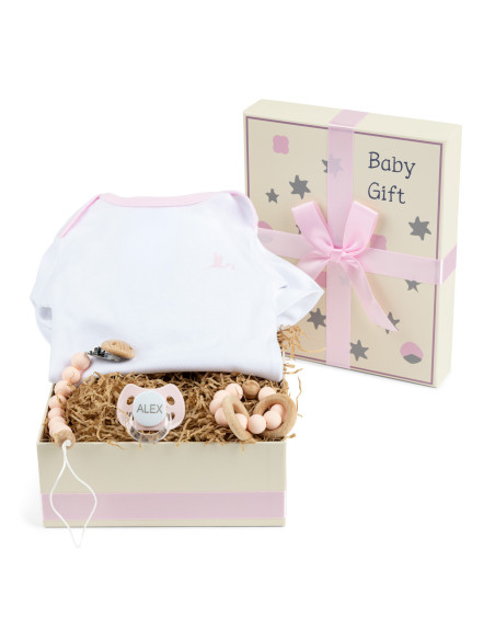 Gift Box with Bodysuit, Pacifier, Teether and Clip – Stylish Baby Gift Set