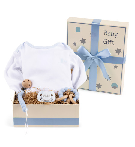 Gift Box with Bodysuit, Pacifier, Teether and Clip – Stylish Baby Gift Set