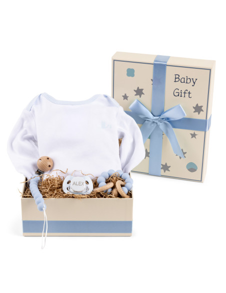 Gift Box with Bodysuit, Pacifier, Teether and Clip – Stylish Baby Gift Set