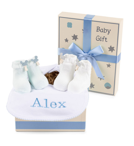 Gift Box with Socks, Embroidered Bib & Unique Details – Perfect for Newborns