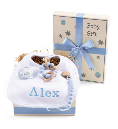 Gift Box with Pacifier, Teether & Personalized Bib – Baby Girl Essentials