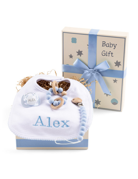 Gift Box with Pacifier, Teether & Personalized Bib – Baby Girl Essentials