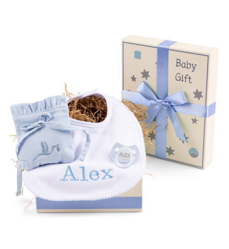 Gift Box with Personalized Bib, Pacifier Holder & Accessories – Ideal for Newborn