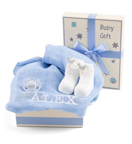 Gift Box with Embroidered Muslin, Pacifier & Socks – Gentle Care for Newborn