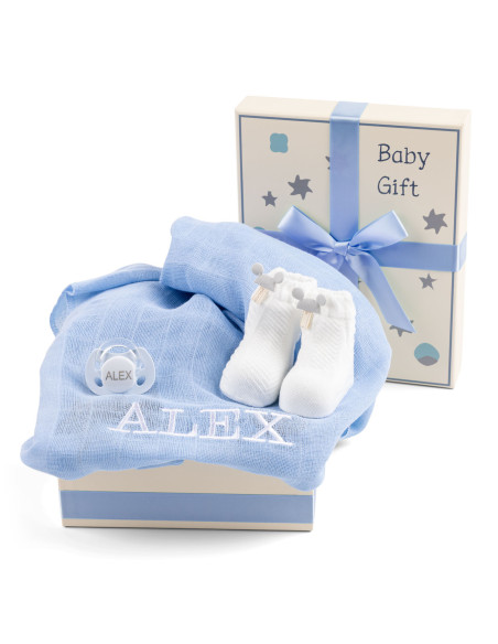 Gift Box with Embroidered Muslin, Pacifier & Socks – Gentle Care for Newborn