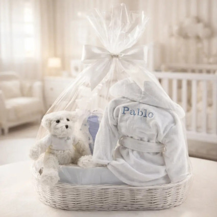 Embroidered Bathrobe, Muslin & Teddy Bear Set | Personalized Newborn Gift