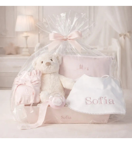 Newborn Basket with Personalized Pacifier and Bib | Baby Essentials Gift Set