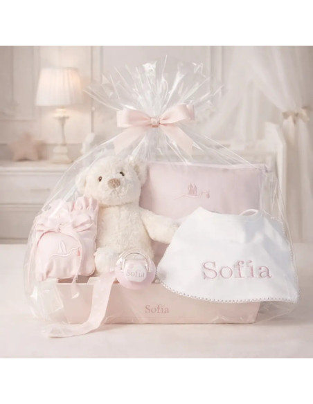 Newborn Basket with Personalized Pacifier and Bib | Baby Essentials Gift Set