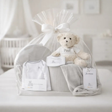 Baby Hamper with Embroidered Blanket, Bodysuit, Bib & Teddy | Complete Newborn Gift