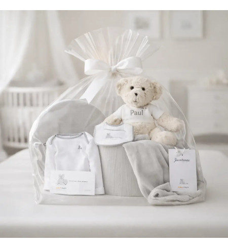 Baby Hamper with Embroidered Blanket, Bodysuit, Bib & Teddy | Complete Newborn Gift