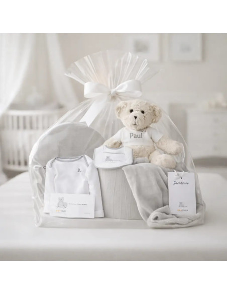 Baby Hamper with Embroidered Blanket, Bodysuit, Bib & Teddy | Complete Newborn Gift