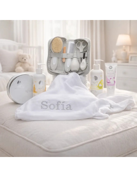 Cosmetic Set and Personalized Muslin Cloth | Elegant Newborn Gift