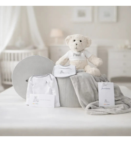 Baby Hamper with Embroidered Blanket, Bodysuit, Bib & Teddy | Complete Newborn Gift
