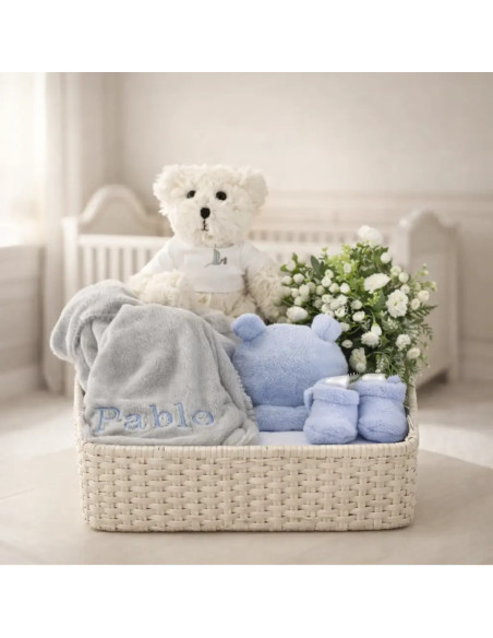 Baby Hamper with Embroidered Blanket & Teddy Bear | Elegant Newborn Gift Set