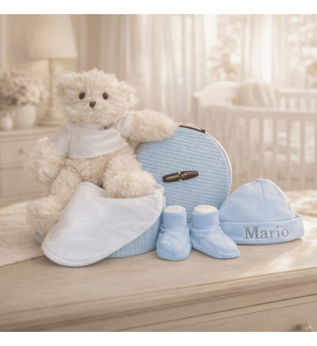 Baby Gift Set: Booties, Mittens & Hat + Plush Toy in Vintage Box