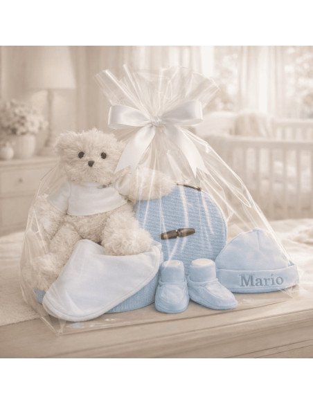 Baby Gift Set: Booties, Mittens & Hat + Plush Toy in Vintage Box