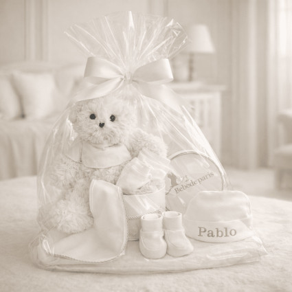 Baby Gift Set: Booties, Mittens & Hat + Plush Toy in Vintage Box