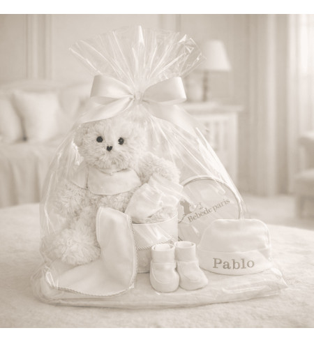 Baby Gift Set: Booties, Mittens & Hat + Plush Toy in Vintage Box