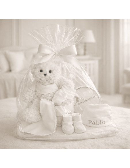 Baby Gift Set: Booties, Mittens & Hat + Plush Toy in Vintage Box