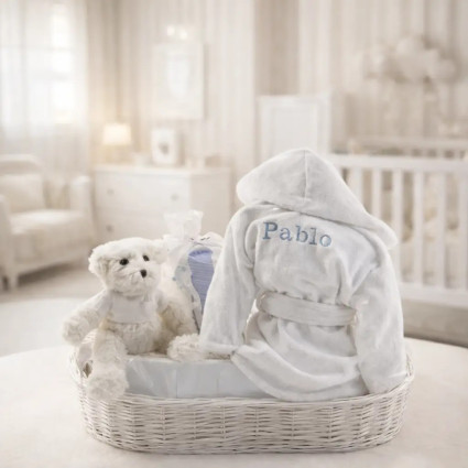 Embroidered Bathrobe, Muslin & Teddy Bear Set | Personalized Newborn Gift 2