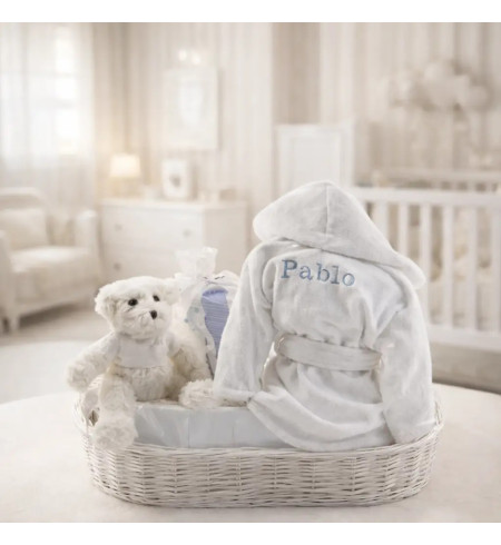 Embroidered Bathrobe, Muslin & Teddy Bear Set | Personalized Newborn Gift