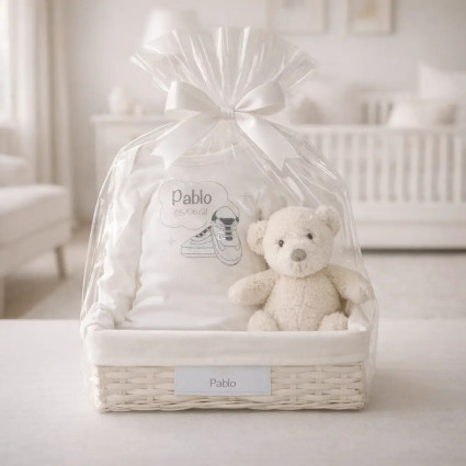 Teddy bear and personalised bodysuit with baby’s name