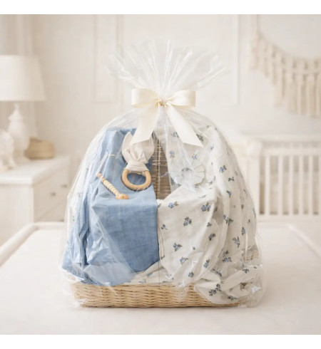 Eco-Friendly Baby Gift: 2 Organic Muslin Cloths, Teether and Blue Pacifier Clip