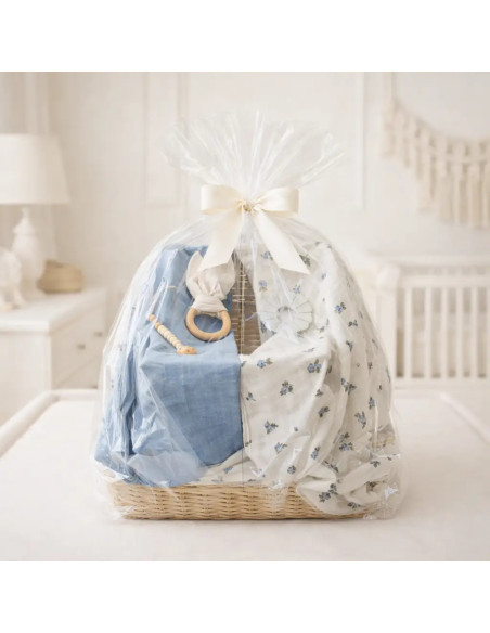 Eco-Friendly Baby Gift: 2 Organic Muslin Cloths, Teether and Blue Pacifier Clip