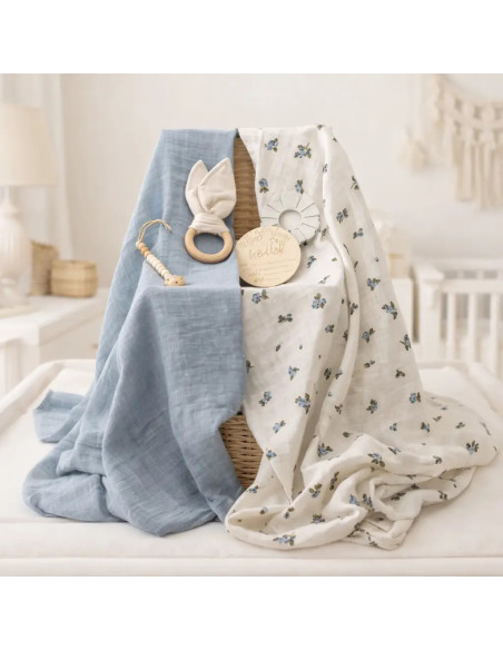 Eco-Friendly Baby Gift: 2 Organic Muslin Cloths, Teether and Blue Pacifier Clip