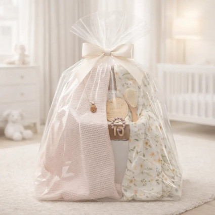 Sustainable baby gift: 2 muslin cloths, teether and pink pacifier clip