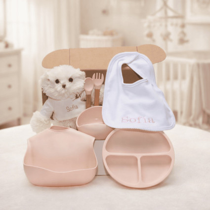 Silicone Tableware, Embroidered Bib & Personalized Teddy Bear | Baby Gift Set 2