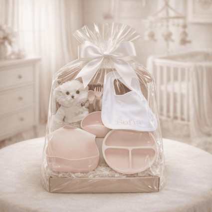 Silicone Tableware, Embroidered Bib & Personalized Teddy Bear | Baby Gift Set
