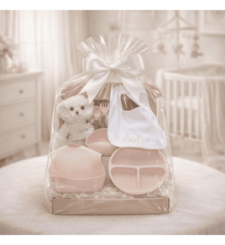 Silicone Tableware, Embroidered Bib & Personalized Teddy Bear | Baby Gift Set