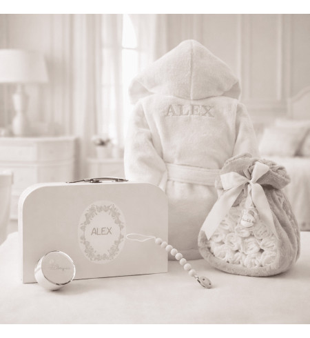 Diaper Cake with Baby Bathrobe, Keepsake Suitcase & Pacifier Clip | Newborn Gift Set