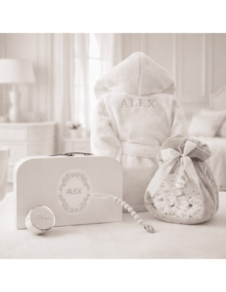 Diaper Cake with Baby Bathrobe, Keepsake Suitcase & Pacifier Clip | Newborn Gift Set