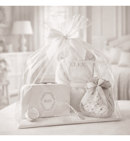 Diaper Cake with Baby Bathrobe, Keepsake Suitcase & Pacifier Clip | Newborn Gift Set