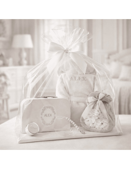 Diaper Cake with Baby Bathrobe, Keepsake Suitcase & Pacifier Clip | Newborn Gift Set