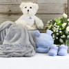 Embroidered blanket teddy bear hamper with hat and socks set blue