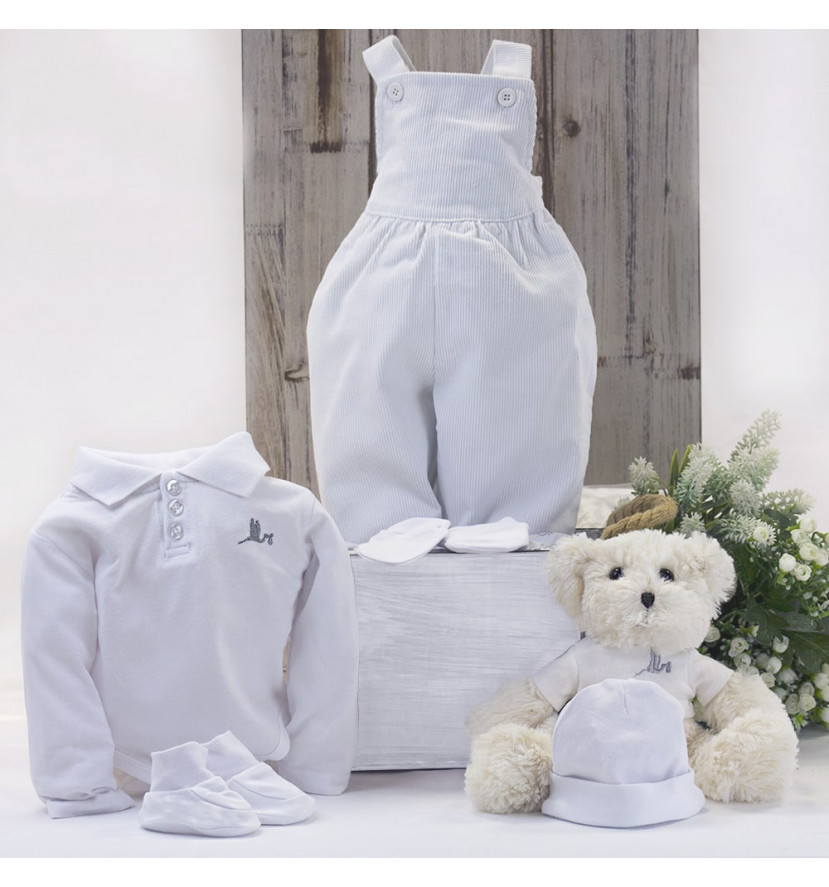 Polo shirt and dungarees baby outfit with teddy bear white