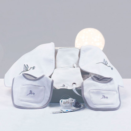 Embroidered bib gift set with personalised dummy grey