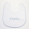 Embroidered bib gift set with personalised dummy blue