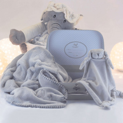 Hamper with baby suitcase and customisable blanket and comforter