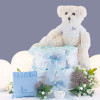 Nappy cake with personalised dummy, case and teddy bear blue