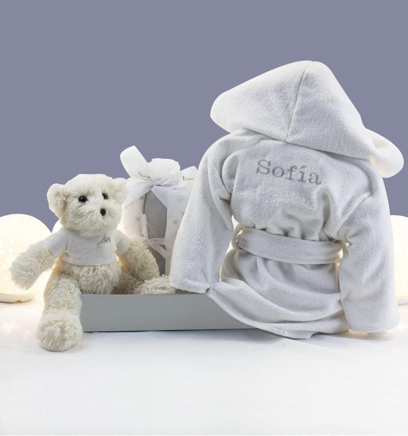 Embroidered dressing gown, muslin and teddy bear set grey
